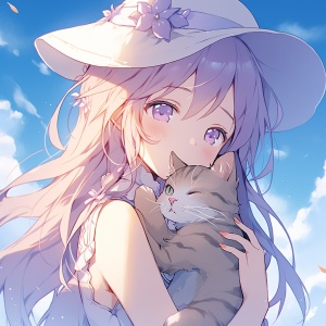 动漫女少女怀抱猫，天空背景，浅紫色高细节