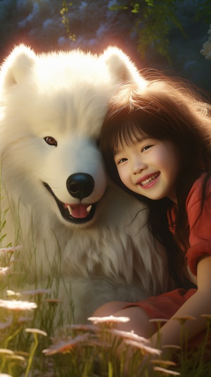 梦幻治愈：巨大萨摩耶与微笑女孩的超高清插图