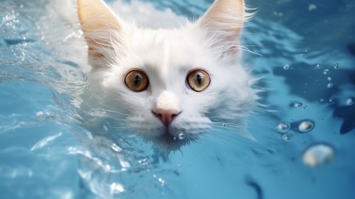 White cat swimming in the pool, short haired cat, clear and transparent water, soft and dreamy colors, popular Instagram, feminine elegance, high level of detail, maximum brightness, realistic photo feeling, bird's-eye view