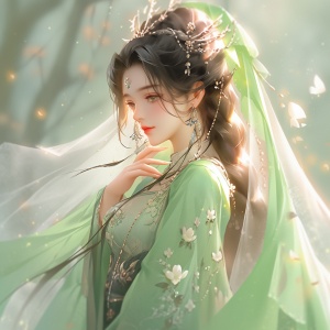 面容精致的少女穿着渐变翠绿色刺绣汉服摆动