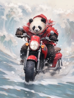 酷酷熊猫骑哈雷摩托车狂奔在雪地中
