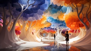 the colorful paper sculpture is inside of an indoor gallery, in the style of ethereal trees, speedpainting, sou fujimoto,uhd image, blurry details ar 16：9