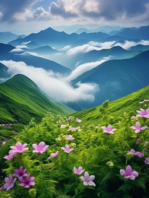 美丽的自然风光与远山云雾缭绕