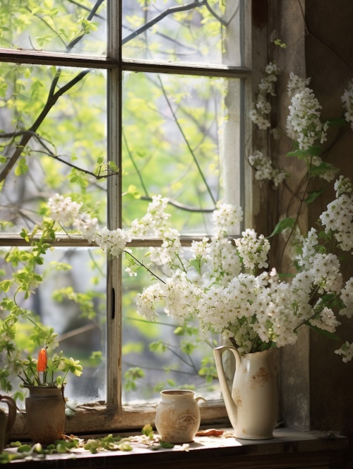 春天的窗外，春暖花开，树枝上冒出了嫩绿的新叶，枝头上长出各色的小花，一丛丛爬上了墙面，星星点点的小花与嫩绿的新叶、古朴的窗户和好看的外墙，窗户上有窗帘，推开窗，窗外是模糊背景的开满各色鲜花的花园，唯美系风格，拍摄效果。