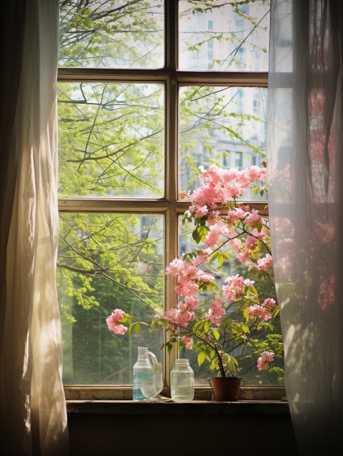 春天的窗外，春暖花开，树枝上冒出了嫩绿的新叶，枝头上长出各色的小花，一丛丛爬上了墙面，星星点点的小花与嫩绿的新叶、古朴的窗户和好看的外墙，窗户上有窗帘，推开窗，窗外是模糊背景的开满各色鲜花的花园，唯美系风格，拍摄效果。