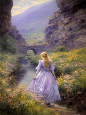 一个浅紫色纱裙少女在山谷中，站在溪水里，头戴花环，金色头发
