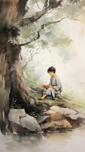 一个男生在森林里静静地打坐，男生位于图片左下角，背景简洁干净