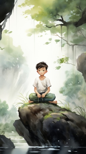 一个男生在森林里静静地打坐，男生位于图片左下角，背景简洁干净