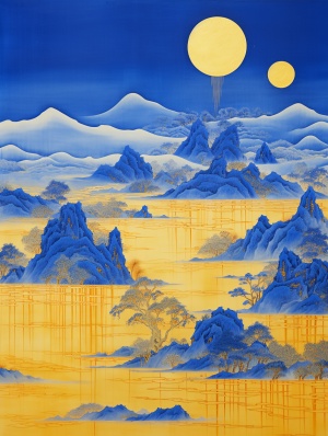 Klein blue, Chinese embroidery craft of gold blue green mountains, Pavilions and trees, gild, Liquid gold flowing, Minimal color field, Freehand brushwork, blank-leaving, Organic form, Simple blue background ar 3:4v 6