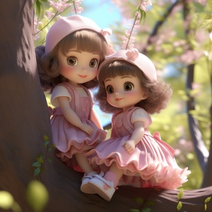 两个小女孩，穿着粉色裙子，非常可爱，有三个小娃娃，在春天大树很茂密，非常绿