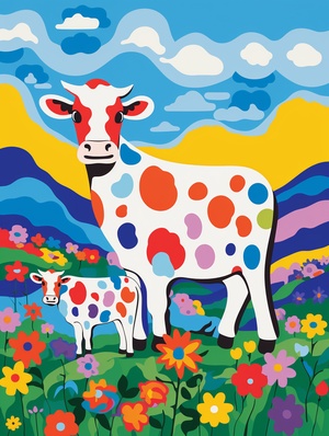 A mother cow in the joyful act of leading her three cute baby cows,all walking together among a filed dense with vibrant,colorful flowers,Whimsical elements enhance the style of minimalist cartooning,in the style of Keith Haring,with gentle touches of gag-humour,all in O_HHH's signature style,no mountainno treev6.0ar3:4stylize80