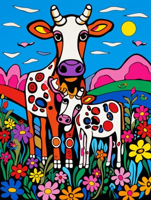 A mother cow in the joyful act of leading her three cute baby cows,all walking together among a filed dense with vibrant,colorful flowers,Whimsical elements enhance the style of minimalist cartooning,in the style of Keith Haring,with gentle touches of gag-humour,all in O_HHH's signature style,no mountainno treev6.0ar3:4stylize80