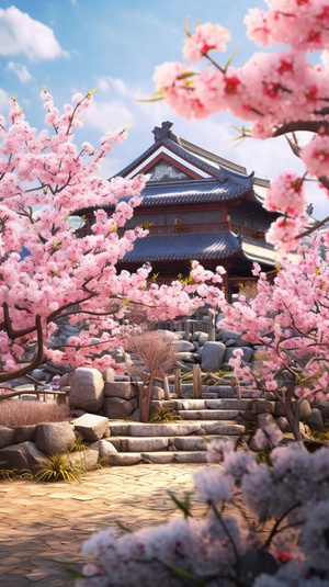 Very beautiful Spring blossoms, a huge peach tree, full of pink peach blossoms. Like the place in the Chinese ancient costume TV series, there is a wooden house under the peach tree, the ground is scattered with a lot of petals, high-definition shooting, fairyland ar 2:3 v 6