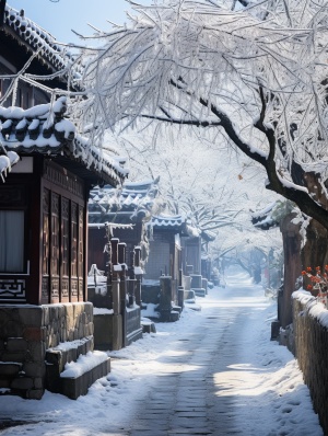 江南冬季飘雪的古镇风景