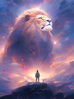 光点矩阵构成的雄狮和天空中望向的人