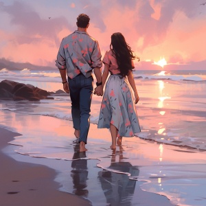 海边随意散步的情侣
