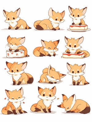 九个姿势和表情的狐狸幼崽，简约线条插图