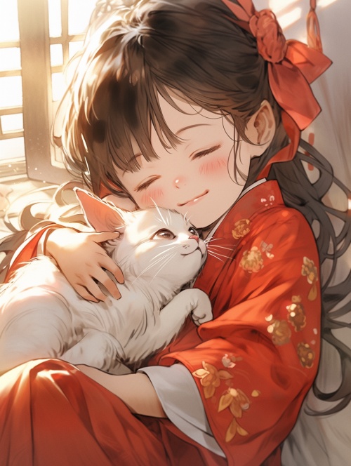 一个带点孩子气少女,入睡,怀里抱着一只白色小猫,古风,长发,面带微笑,阳光洒在她身上,红色汉服,阳光洒在她身上,,侧面,自然光,鸟瞰图,室内