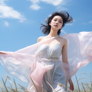 一个美丽动人的中国女子，在草原蓝天白云，浅白色浅粉色薄纱裙，精致脸蛋，绝世容颜，标致五官，白皙皮肤，丰满身材，人像摄影，自然光照，超高清画质，32K