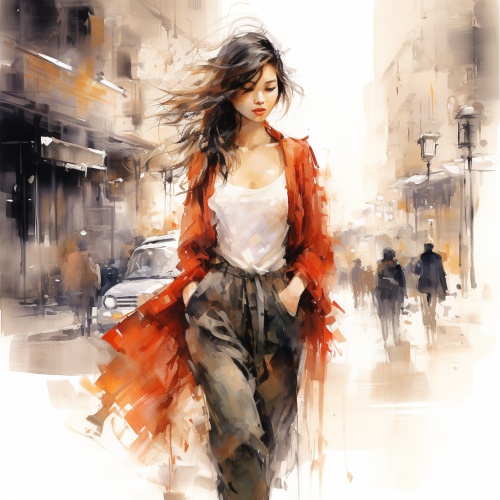 一个走在大街的美女的动人的中国女子，水墨画，走着走着回过头看，精致脸蛋，绝世容颜，标致五官，白皙皮肤，丰满身材，