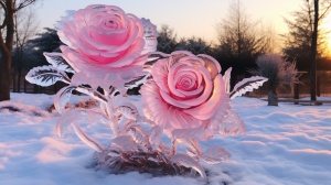 冬雪，粉色玫瑰，流星，花园，暖色系，冰雕