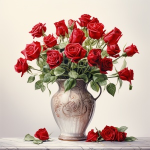 插花瓶一束红色玫瑰花 白底