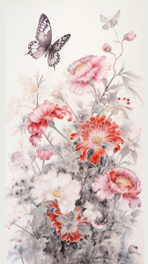 芬芳四溢的牡丹花，傲立于寒山深谷间的农家，蝴蝶飞舞忙采花，小花猫在一旁嬉戏逗趣，宛如一幅富贵花开的画卷，中国写意水墨画，概念艺术，