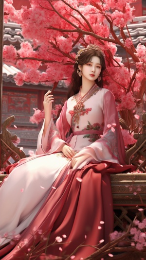 中国古典美女与粉色汉服的超高画质3D渲染
