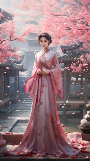 中国古典美女与粉色汉服的超高画质3D渲染