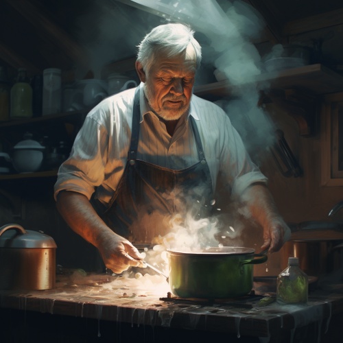 在厨房里做饭的老头、穿背心、汗流浃背、屋里热气腾腾。