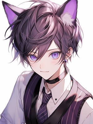 Wearing a purple vest anime boy with a cat ears , cute anime face, anime boy, cute anime, cute natural anime face, boy with cat ears and tail, wolf ears, cute anime catgirl, cute character, high quality anime artstyle, by Shitao, little shy smile, anime visual of a cute cat, top rated on pixiv