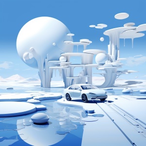 未来的结构与蓝色汽车：单色白色数字与流动的线条