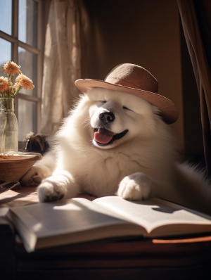 一只萨摩耶趴在桌上戴着帽子笑着看书，窗边，阳光照在身上，浅笑,看向别处,室内,窗帘,夏天i,写实风格,摄影图片,徕卡镜头,商业摄影,柔和照明