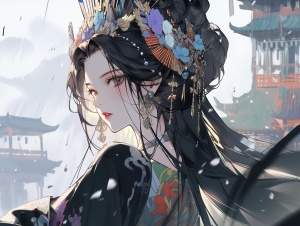 一位美丽的女子，身穿黑色汉服，魔族公主，黑色长发，发饰，背景为仙宫中，杰作，高清