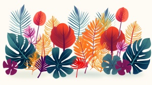 插画，扁平化风格，热带植物的叶子，白色背景，丰富而充满活力的颜色