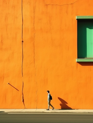 The orange background is large enough to view the ground,in the style of minimalist landscapes,captivating documentary photos,expressive color-field,red and green,vernacular photography,whimsical minimalism,Japanese minimalismar3:4v6.0