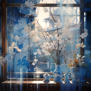 一幅带有蓝色墙壁，窗户，花树和花朵的绘画，采用浅白色和浅金色的风格，日本摄影，分层半透明，发光阴影，详细的窗帘，详细的插图，chinapunk