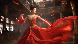 古风美女，红衣长裙，剑舞，宫殿