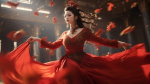 古风美女，红衣长裙，剑舞，宫殿