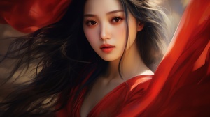 一位美丽绝伦的女子，长发披肩，红衣飘飘，面容倾国倾城，眼中充满了柔情与坚定。古代女子，中国四大美人，杨玉环，