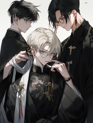 三个男生中间男生身穿中式风格衣服耳戴黑框眼镜背影看着第二个男生