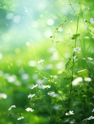 微风鲜花洒满阳光，草地春天摄影效果