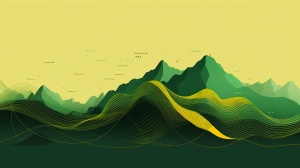 Hand drawn illustrations, continuous green mountains, outlined by yellow lines, using organic forms, with a solid minimalist background