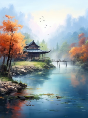 一幅河边小房子的画，中国画的风格，柔和的雾气，我不敢相信这是多么美丽，uhd图像，迷人的素描，田园风光，精确绘画