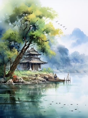 一幅河边小房子的画，中国画的风格，柔和的雾气，我不敢相信这是多么美丽，uhd图像，迷人的素描，田园风光，精确绘画