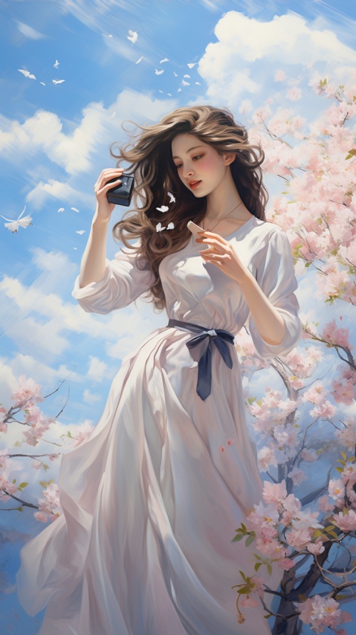 桃花盛开的季节，穿着白裙子，拿着相机的女孩在赏花，长发飘飘，天空很蓝，白云飘飘。