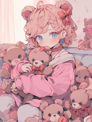 一个小女孩（坐在床上，动作为抱着熊仔，粉色毛衣，编发），背景为堆满的小熊仔