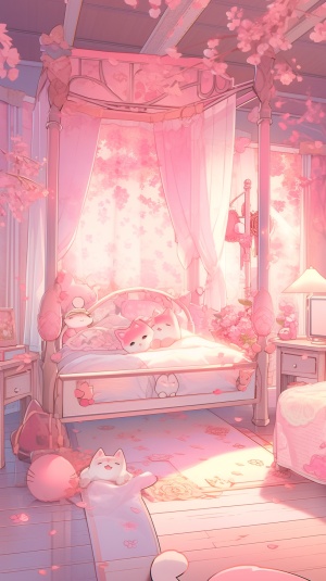 堆满小熊仔的卧室,粉色系，可爱，治愈，丰富的细节8k,大师杰作