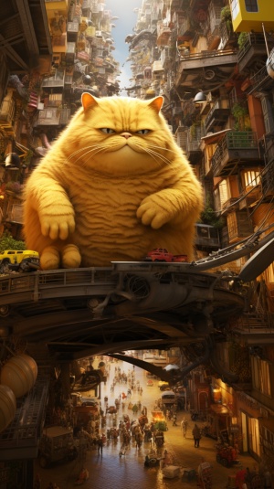 巨大的巨型小黄猫在出现在缩小的城市里，微缩场景，对比强烈