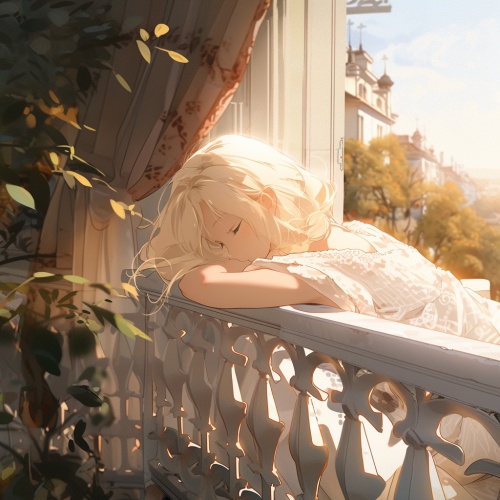 是一个二次元的金色头发的少女趴在白色的窗台看风景，阳光洒在她的身上